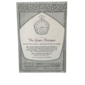 Vintage 1923 Gruen Watch The Pentagon Ad Advertisment
